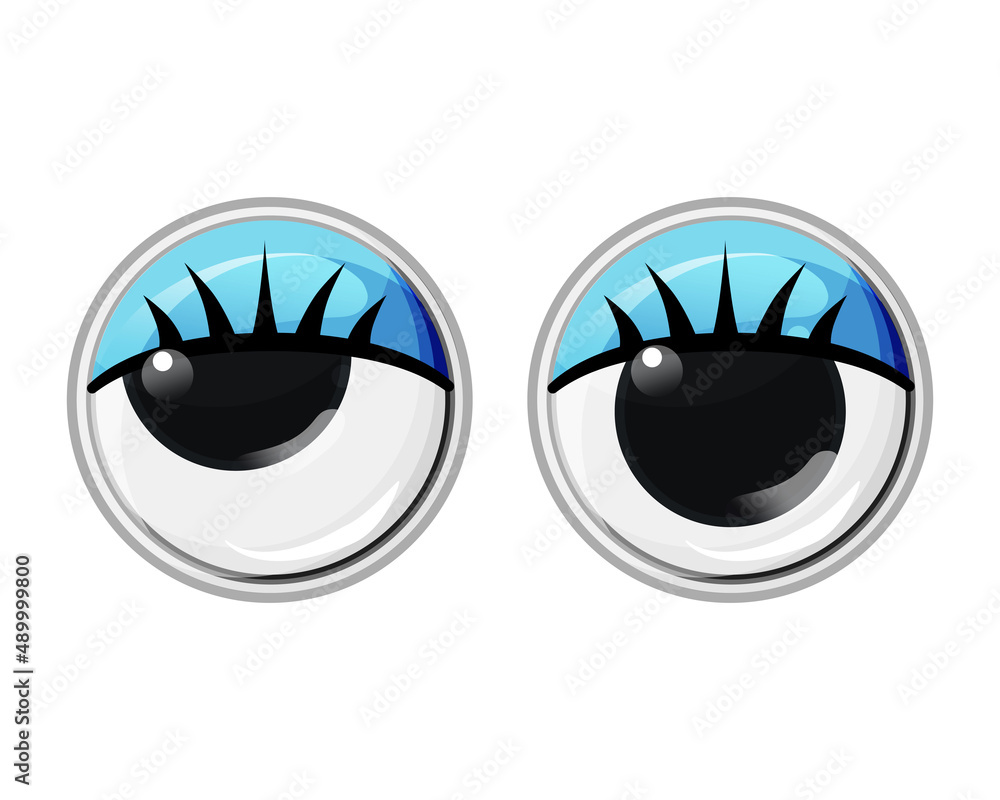 Toy plastic eyes with eyelashes and blue eyelids. Vector cartoon illustration on a white isolated background Toy plastic eyes with eyelashes and blue eyelids. Vector cartoon illustration on a white isolated background