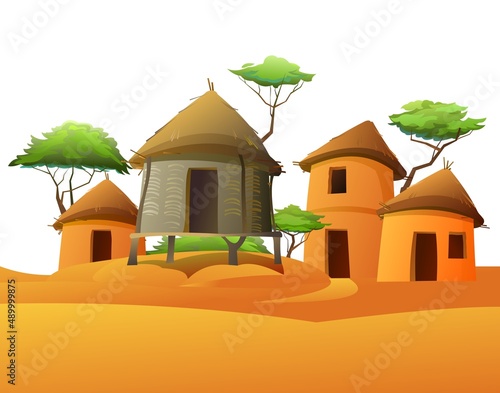 House wicker from branches. Africa village. Rural houses made of clay and straw. African landscape. Acacia trees. Isolated on white background. Vector