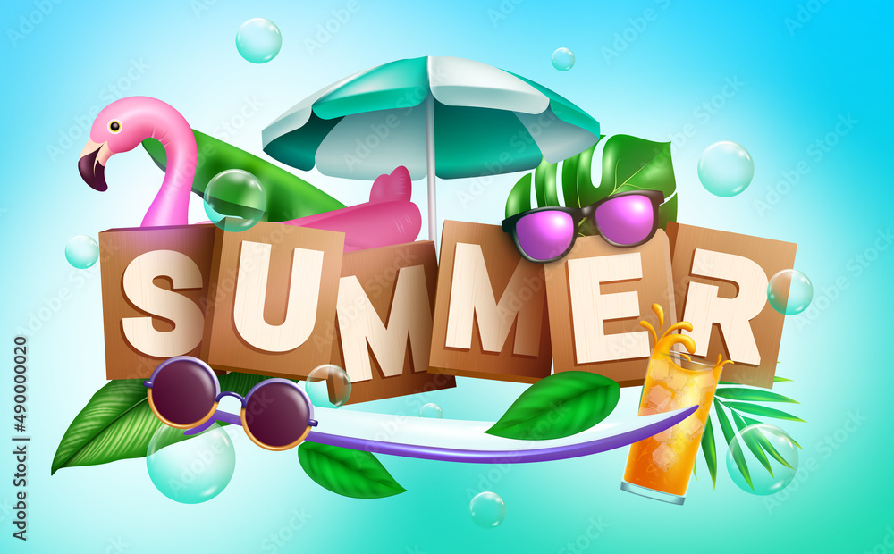 Summer vector concept design. Summer text in scrabble blocks decoration with refreshing leaves, drinks and bubbles elements for relax tropical holiday vacation. Vector illustration.
Summer vector concept design. Summer text in scrabble blocks decoration with refreshing leaves, drinks and bubbles elements for relax tropical holiday vacation. Vector illustration.