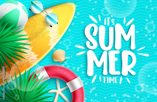 Summer time vector design. It's summer time typography text in sea water background with elements of surfboard, lifebuoy and leaves for relax tropical season. Vector illustration.
