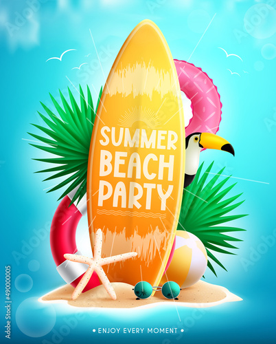 Summer beach vector concept design. Summer beach party text in surfboard element with floaters, leaves and miniature island for tropical holiday decoration. Vector illustration.
 photo