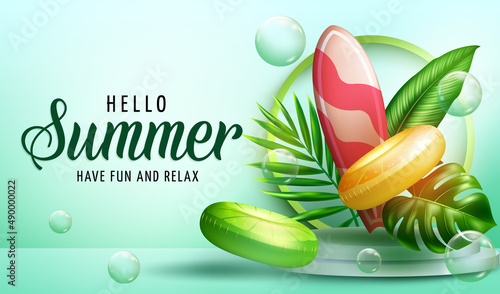 Summer holiday vector design. Hello summer greeting text with tropical plants and floaters element in studio photography for fresh and relax background decoration. Vector illustration.
