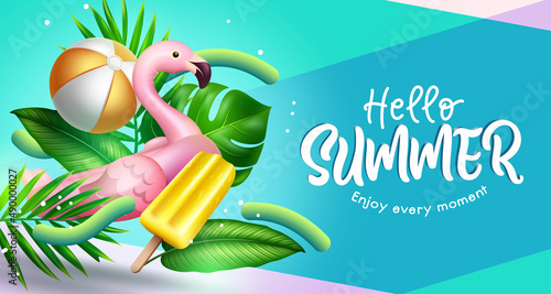 Summer vector background design. Hello summer greeting text with plants and flamingo floaters in abstract background for tropical season holiday decoration. Vector illustration.
