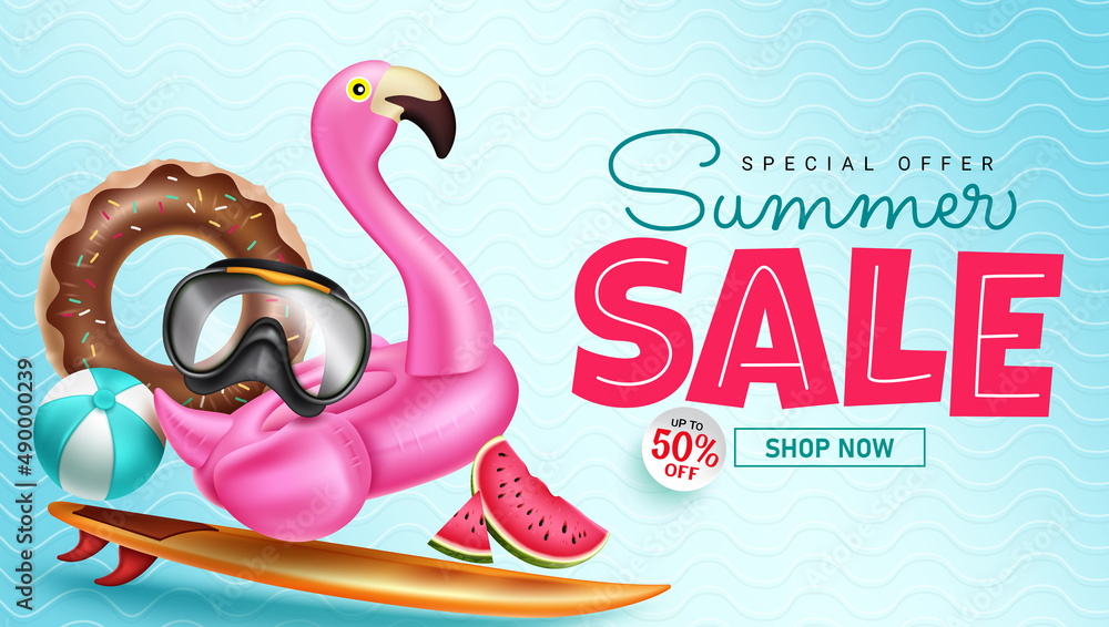 Summer sale vector banner design. Summer sale text for seasonal travel and shopping special offer advertisement up to 50% off discount with tropical vacation objects. Vector illustration.
Summer sale vector banner design. Summer sale text for seasonal travel and shopping special offer advertisement up to 50% off discount with tropical vacation objects. Vector illustration.