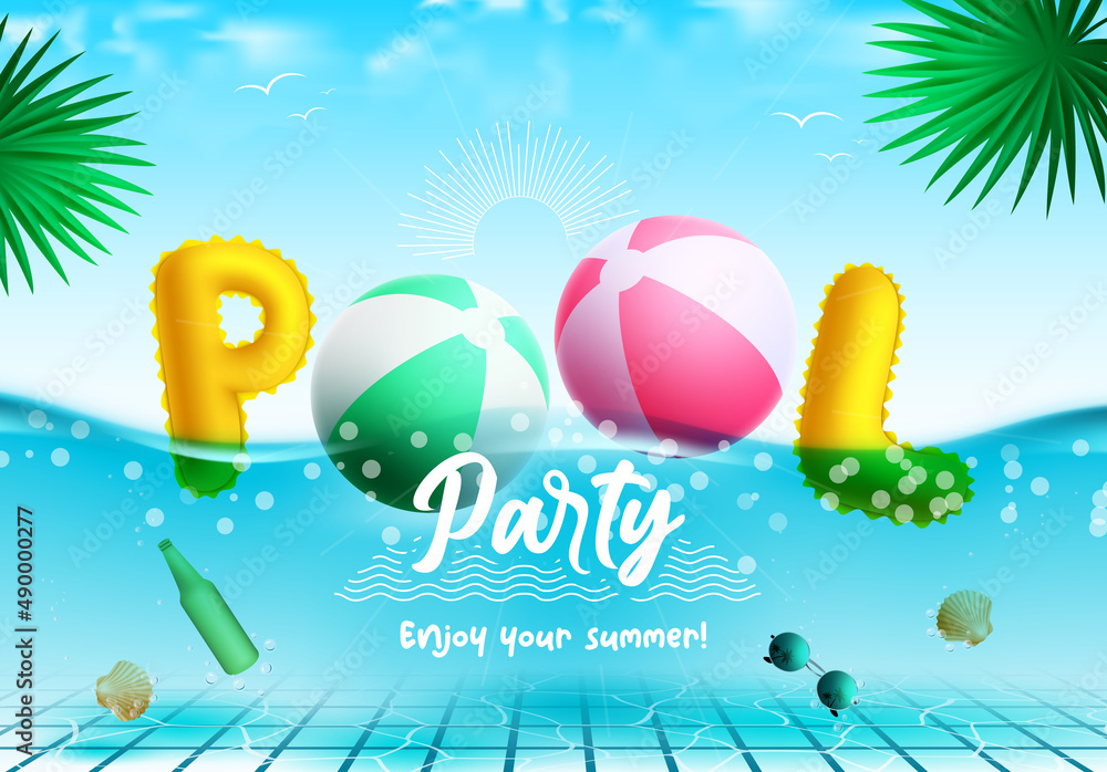 Summer party vector concept design. Pool party typography creative text with floating beach ball and inflatable letters in front view underwater. Vector illustration.
