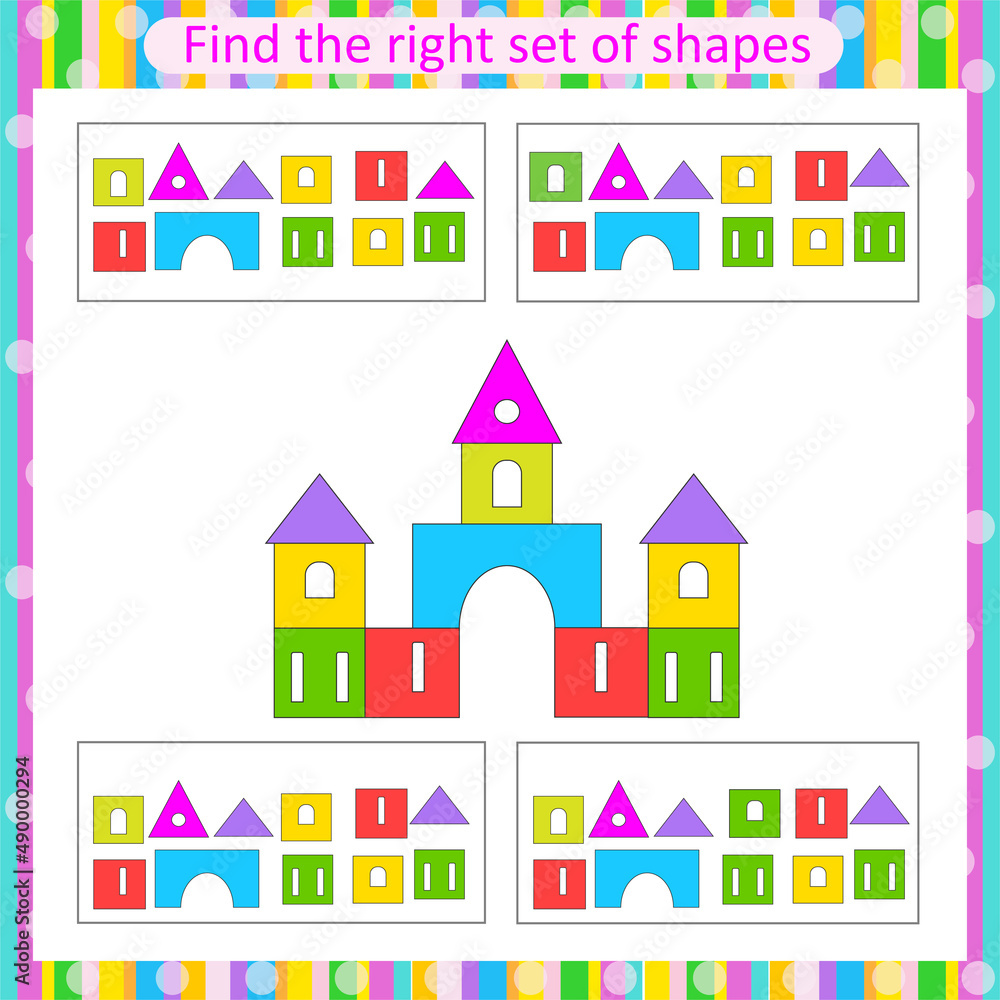  Educational logical game for kids. Find the right set of geometric shapes. Preschool worksheet activity