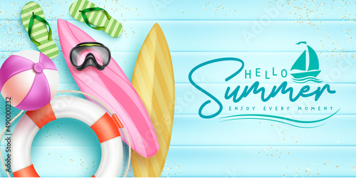Summer holiday vector design. Hello summer typography text with lifebuoy, surfboard and flip flop elements in wood floor background for enjoy tropical season vacation. Vector illustration.
