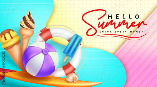 Summer vector background design. Hello summer greeting text in colorful art pattern decoration with ice cream, floater and surfboard elements for tropical holiday season. Vector illustration.
