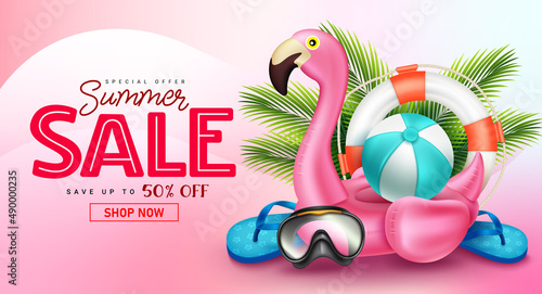 Summer sale vector banner design. Summer sale text with special offer discount up to 50% off with floaters and tropical travel elements for holiday seasonal promotion ads. Vector illustration.
