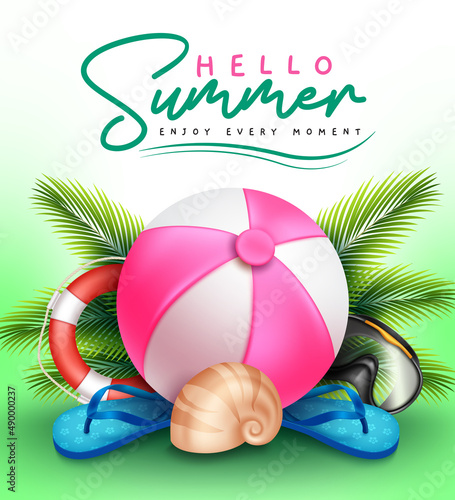 Summer greeting vector design. Hello summer greeting text with beach ball, palm leaves and flip flop elements in tropical green background for holiday vacation. Vector illustration.
