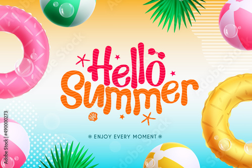 Summer vector background design. Hello summer text in colorful gradient background with floaters, beach ball and leaves elements for sunny tropical season. Vector illustration.
