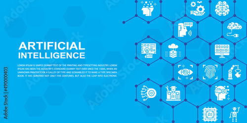 Artificial Intelligence web page design template. Robotics, Chatbot, Database, Big Data banner for website header and landing page, infographic.