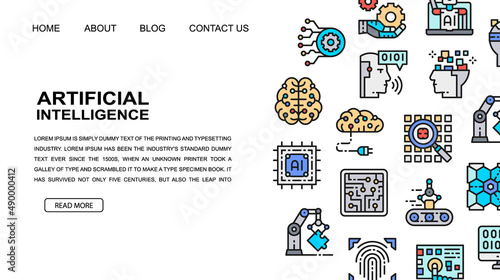 Artificial Intelligence landing page design template. Robotics, Chatbot, Database, Big Data illustration for website design, business presentation