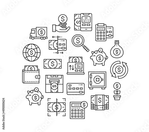 Money and Banking line icon set. Credit Card, Currency Exchange, Atm, Terminal icons in a circle isolated on white background.