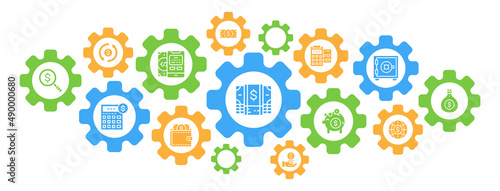 Money and Banking infographic icons banner. Credit Card, Currency Exchange, Terminal concept icons banner background. Web Header Design illustration.