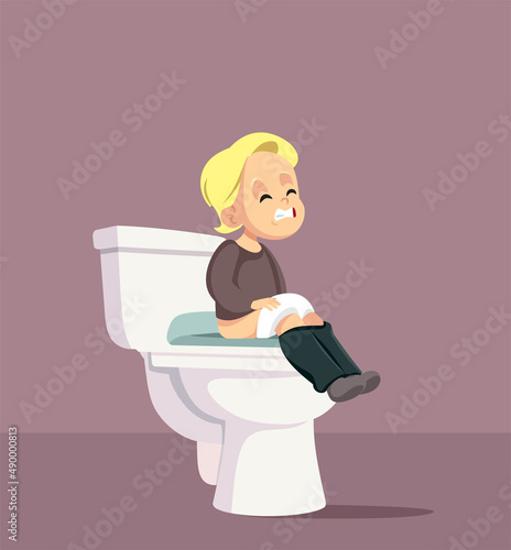 Constipated Little Toddler Sitting on a Toilet Vector Cartoon Illustration