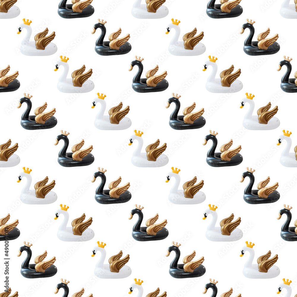 Seamless pattern beach inflatable swan. Pool black and white inflatable swan for summer beach isolated on white background. Trendy summer concept. Seamless pattern beach inflatable swan. Pool black and white inflatable swan for summer beach isolated on white background. Trendy summer concept.