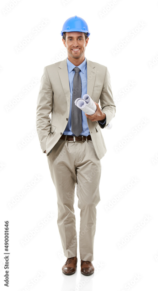 Great engineering mind. Studio portrait of a handsome young engineer isolated on white.