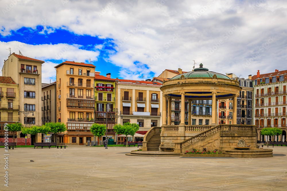 Historic Plaza del Castillo in Pamplona, Spain famous for running of the bulls