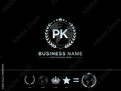 Letter PK Logo, Monogram pk Emblem Style Vector Logo Icon with Unique circle Leaf Globe Royal Crown and Star Design for business