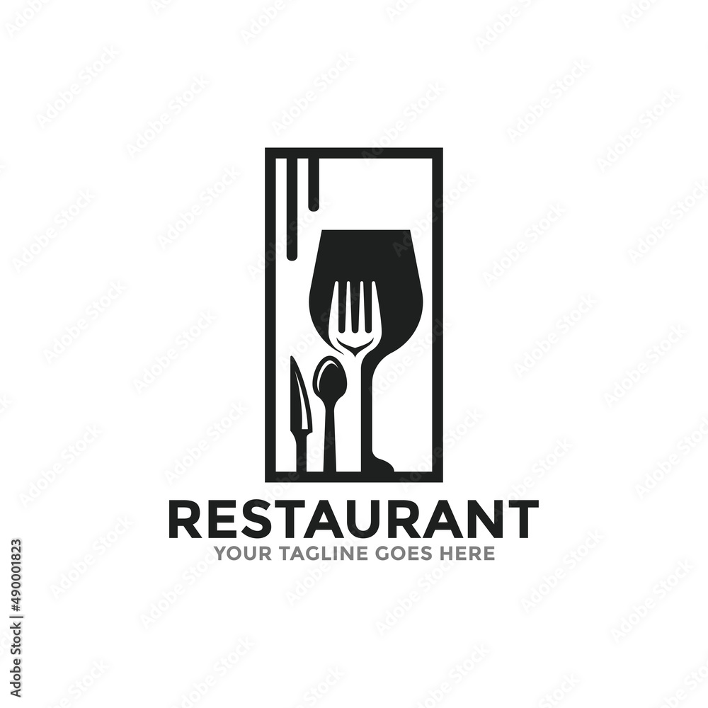 Fototapeta premium Restaurant logo icon vector template. Simple restaurant logo with a wine glass, fork, spoon and knife in an elegant rectangle.