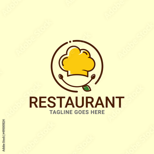 Restaurant logo icon vector template. A simple restaurant logo wrapped in a circle with a smile in it. Supplied with chef's hat, fork, spoon and leaves.