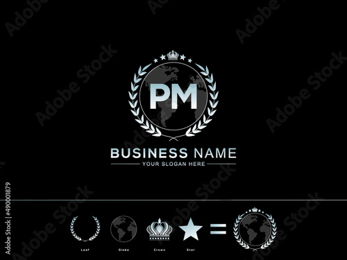 Letter PM Logo, Monogram pm Emblem Style Vector Logo Icon with Unique circle Leaf Globe Royal Crown and Star Design for business