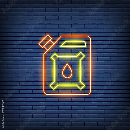 Vector oil gallon, gasoline canister, petrol jerrican neon sign.