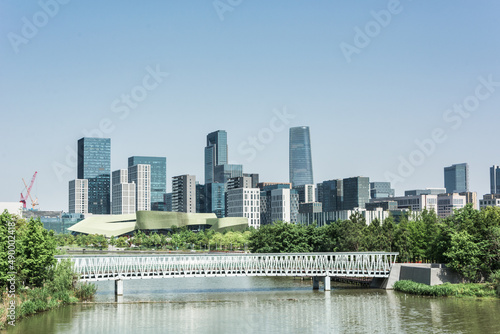 Panoramic skyline and modern business office buildings with empty road,empty con Fototapet
