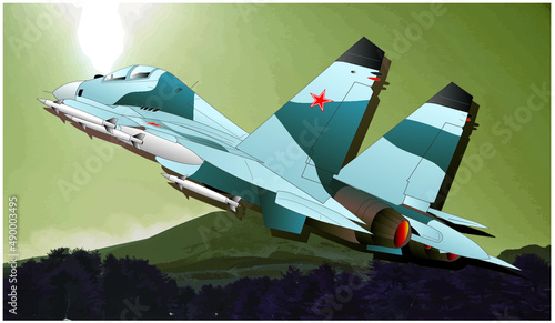 Russian twin engine jet fighter Sukhoi SU-30 "Flanker" illustration with militariy olive green Drab color mountain background. 離陸していくロシア製スホーイ SU-30ジェット戦闘機。