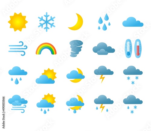 Weather icons. Sun clouds rain and wind interface icons for forecast application. Vector meteo symbol set