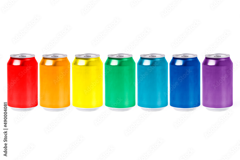 Group of aluminum cans with the colors of the rainbow. Theory of the color. Primary and secondary colors Group of aluminum cans with the colors of the rainbow. Theory of the color. Primary and secondary colors