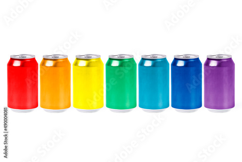 Group of aluminum cans with the colors of the rainbow. Theory of the color. Primary and secondary colors