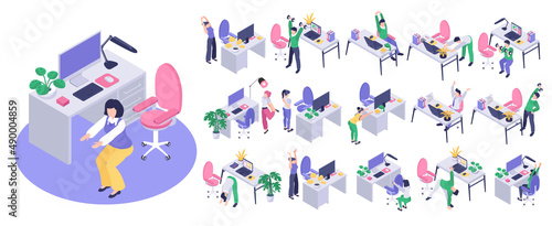 Isometric Isolated Workplace Workout Icon Set