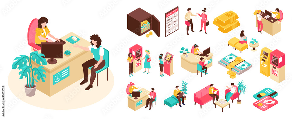 Isometric Bank Isolated Icon Set Isometric Bank Isolated Icon Set