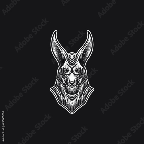 Anubis god drawing illustration. Outline with detail tattoo style.