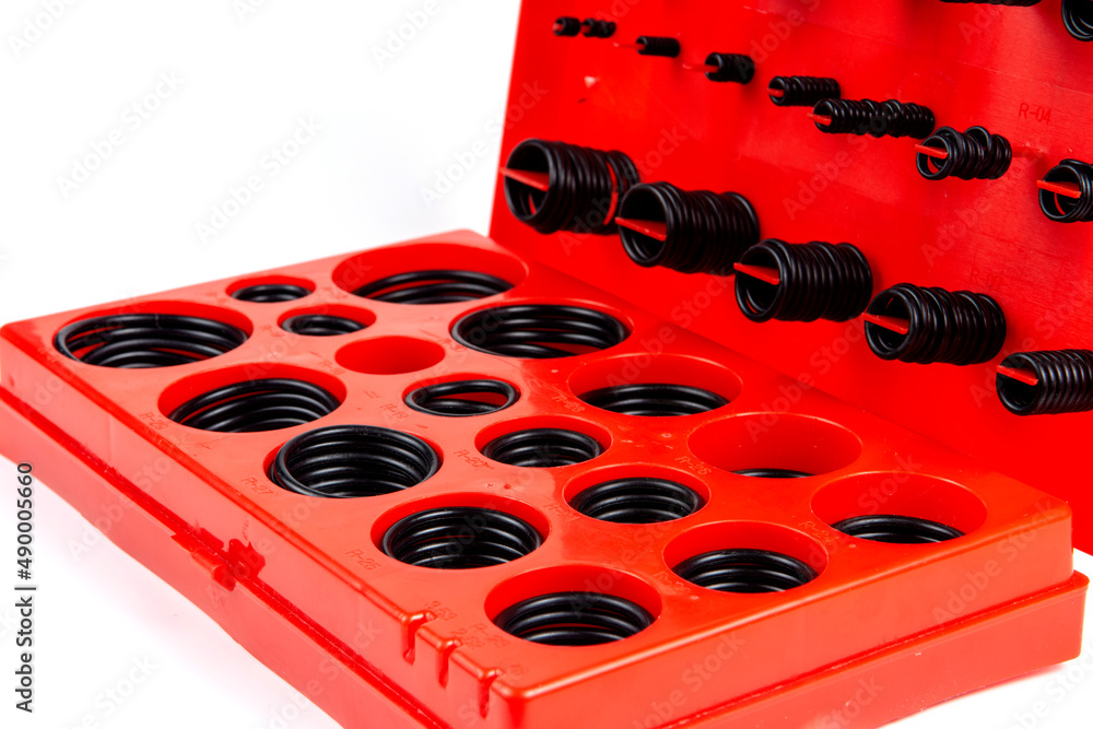 Hydraulic And Pneumatic O Rings In Black In Different Sizes O Ring Kits Red Box With Many Sizes Stock Photo Adobe Stock