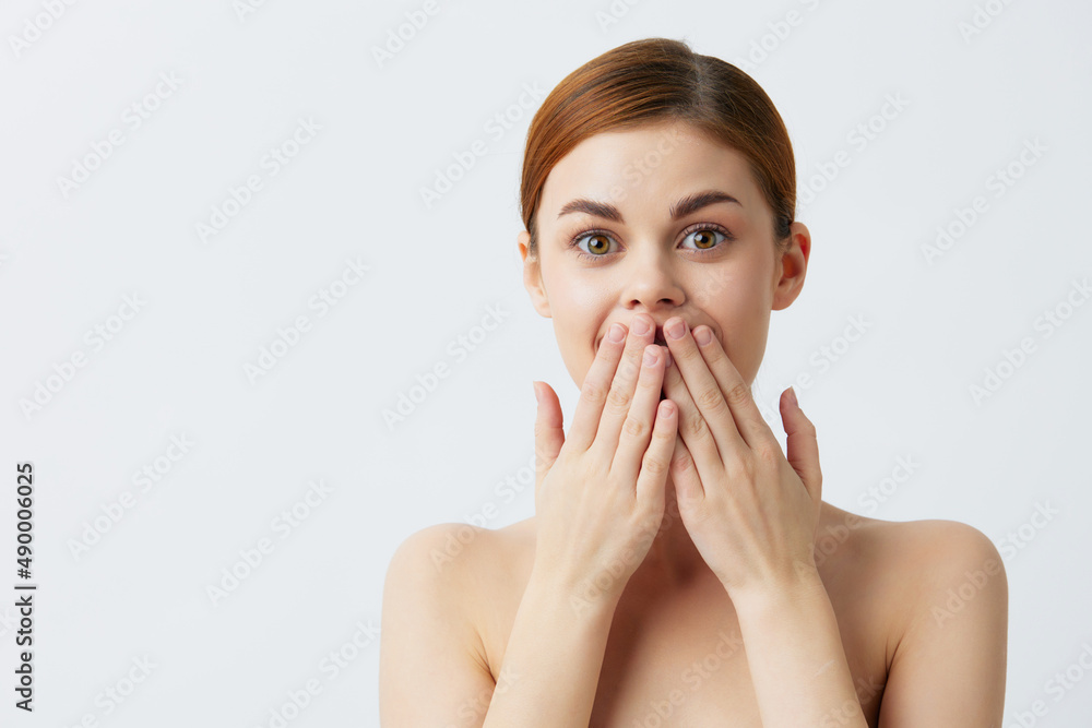 woman smiling woman bare shoulders clean skin charm Model isolated background woman smiling woman bare shoulders clean skin charm Model isolated background