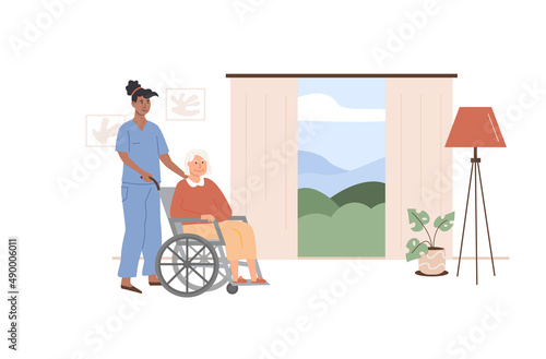 Female nurse or volunteer worker taking care of old age woman on wheelchair. Scene of disabled elderly person with social worker at home. Residential care facility. Bedroom at nursing home. Vector.