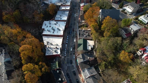 Downtown Ellicott City, Maryland USA. Aerial View of Main Street and Buildings on Sunny Autumn Day, Drone Shot photo