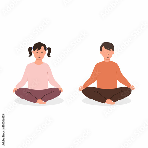 Caucasian boy and girl sitting on floor in cross legged position and meditating. Children or teens doing yoga exercise. Meditation lesson in school concept. Vector flat isolated illustration.
