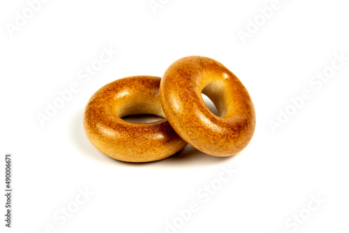 Drying or mini round bagels on a white background. Copy, empty space for text
