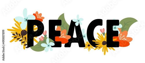 Fotografia, Obraz Vector inscription peace with flowers and leaves on a transparent background