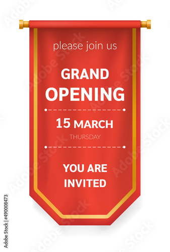Realistic red pennant textile flag, grand opening label. Advertising canvas opening banners vector