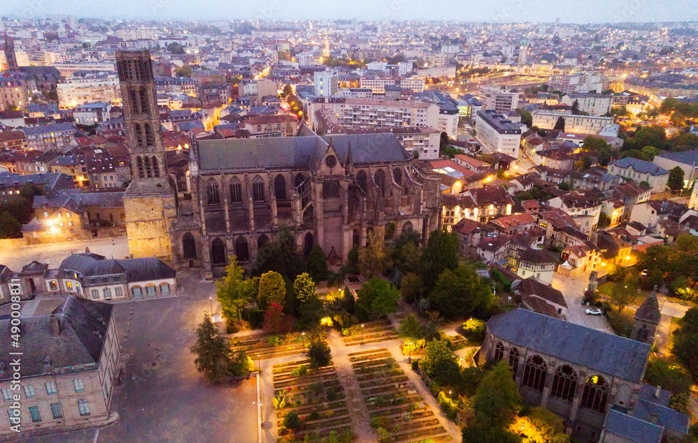 Aerial view of landmark of famous cathedral in Limoges cityilluminated at dusk in France
