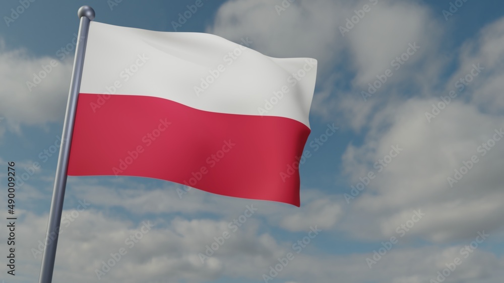 3D illustration of Poland flag waving in the wind on a background with sky. 3d rendering illustration 3D illustration of Poland flag waving in the wind on a background with sky. 3d rendering illustration