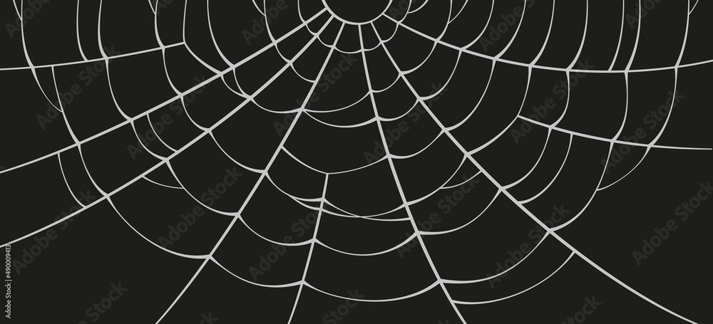Obraz premium Scary spider web. White cobweb silhouette isolated on black background. Doodle spideweb banner. Hand drawn cob web for Halloween party. Vector illustration.