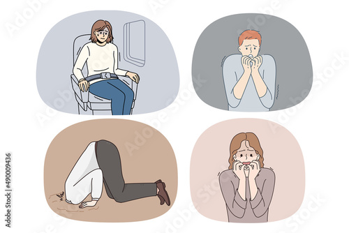 Collection of unhappy terrified people feel scared and frightened. Set of upset anxious men and women struggle with panic attack or anxiety have psychological problems. Vector illustration. 