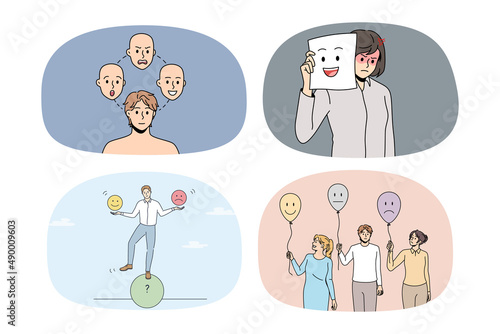 Set of diverse people with different emptions suffer from bipolar disorder or mood swing. Collection of men and women struggle with mental psychological problems. Vector illustration. 