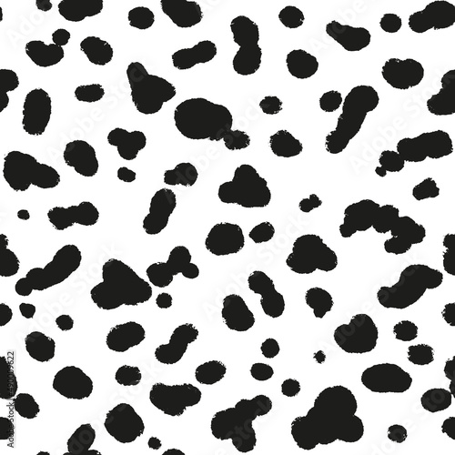 Dalmatian coloration seamless pattern. Black abstract organic blobs on white background. Black dalmatian spots on a white backdrop. Animal print. Vector hand drawn illustration.